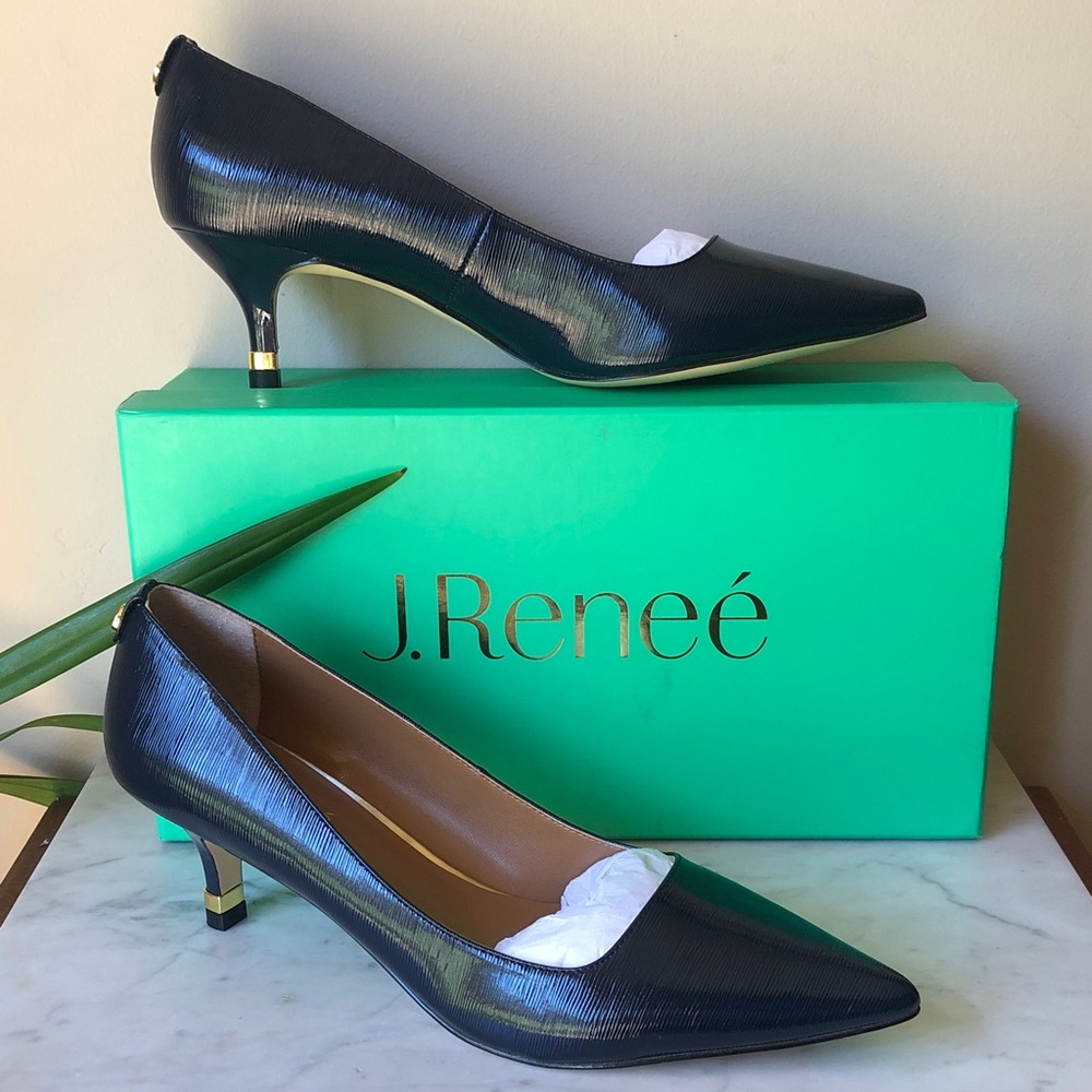 J. Renee Women's Navy Pointed Toe Kitten Heel Pumps with Gold accents